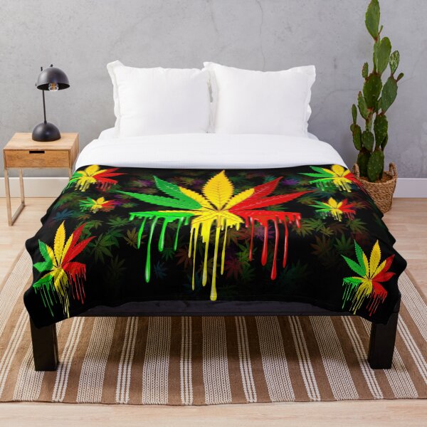 Marijuana Leaf Rasta Colors Dripping Paint Throw Blanket
