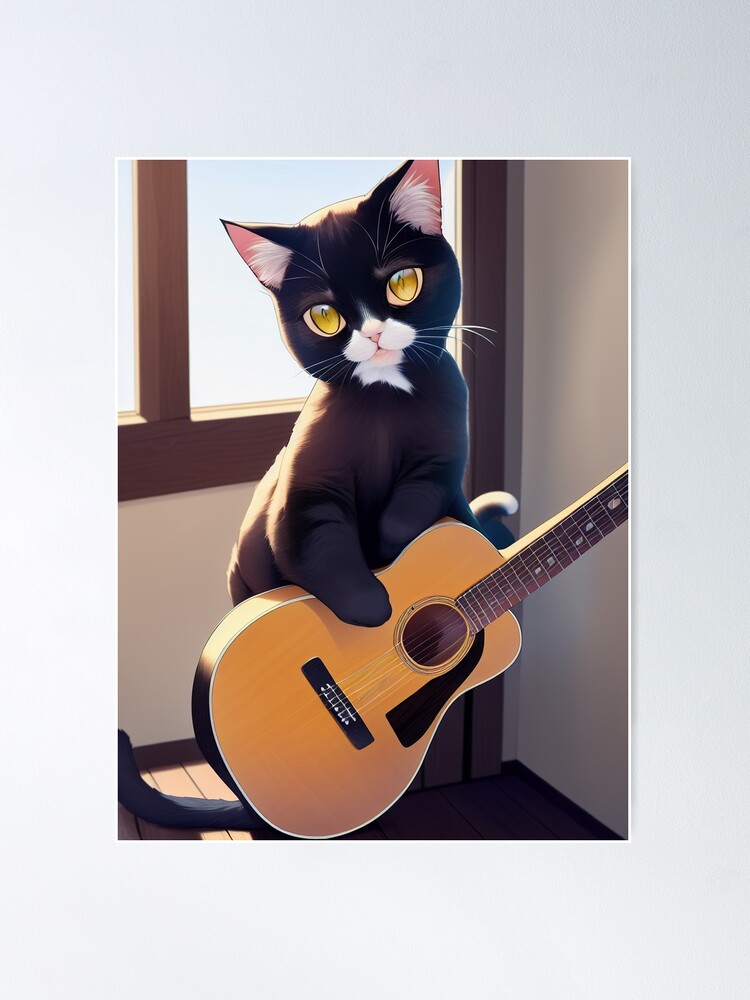 Poster for Sale avec l'œuvre « Chat jouant de la guitare » de l'artiste