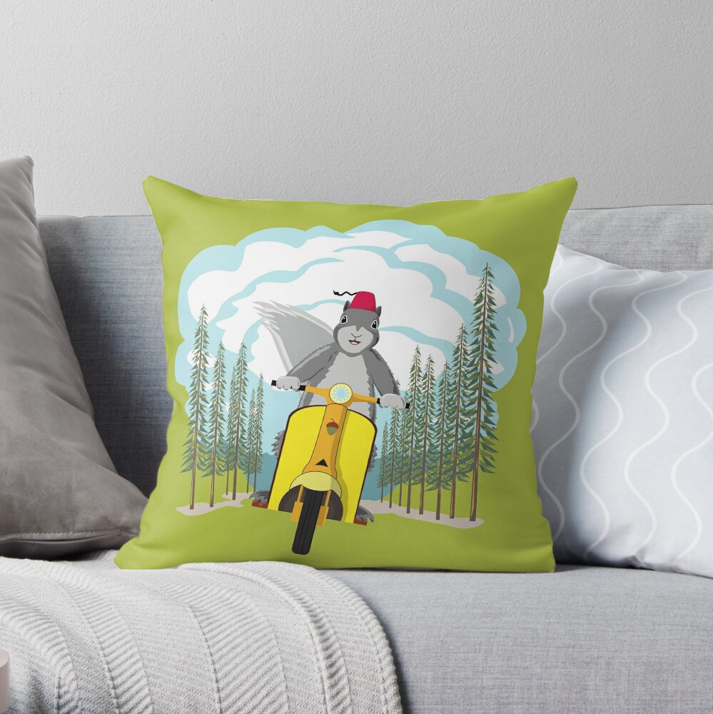 Squirrel on a Scooter Throw Pillow