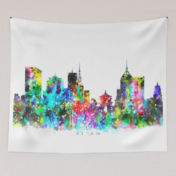 Item preview, Xi'an, China Skyline Watercolor Painting designed and sold by InkistPrints.