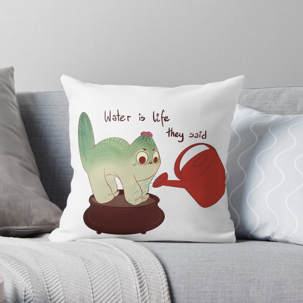 Cactus cat water is life Throw Pillow
