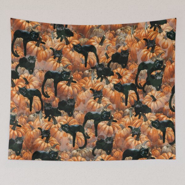 Item preview, Black Cats in the Pumpkin Patch, pattern with pumpkins, color autumn, orange, hello fall autumn lovers designed and sold by Collagedream.