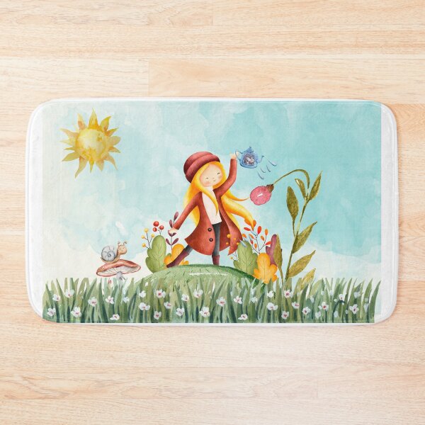 An Autumn Girl with watering can / Sunny Autumn Day Bath Mat
