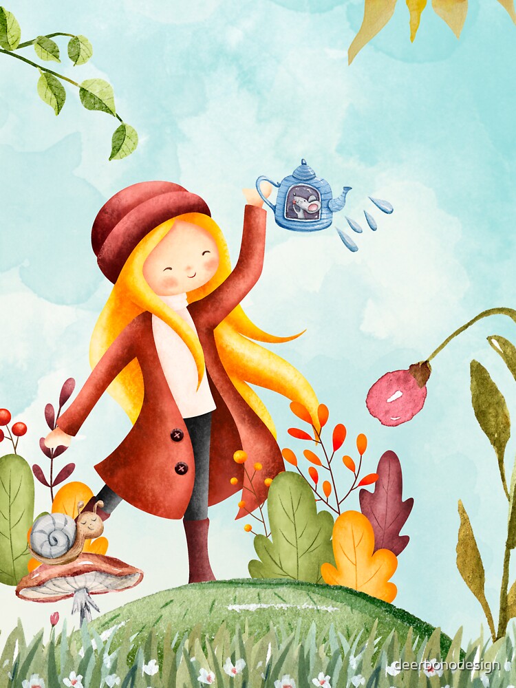An Autumn Girl with watering can / Sunny Autumn Day by deerbohodesign