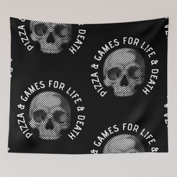 Aperçu de l'œuvre PIZZA & JEUX POUR LA VIE ET LA MORT MOTS SKULL OPTICAL ART créée et vendue par Dreamakerstudio.