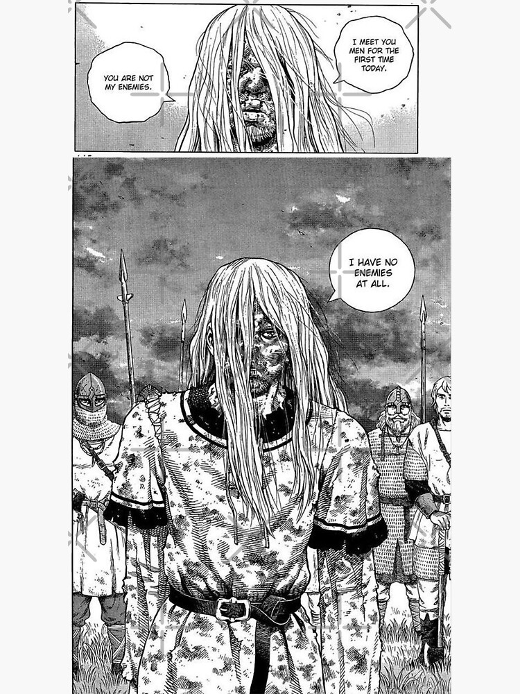 A sticker featuring Thorfinn from Vinland Saga with the text 'I Have No Enemies At All' for sale