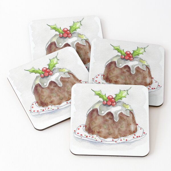 Artikelvorschau, Old Fashioned British Christmas Pudding mit Holly und Custard Aquarell Strichzeichnung entworfen und verkauft von CGSGraphics.