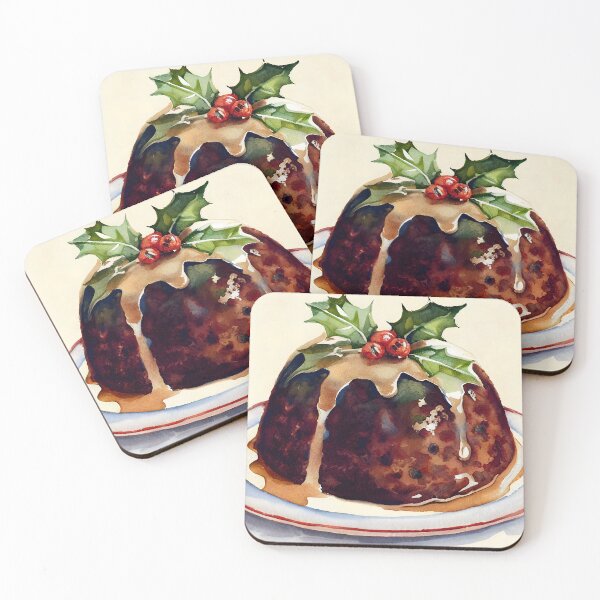 Artikelvorschau, Old Fashioned British Christmas Pudding mit Holly und Custard Aquarell Strichzeichnung entworfen und verkauft von CGSGraphics.