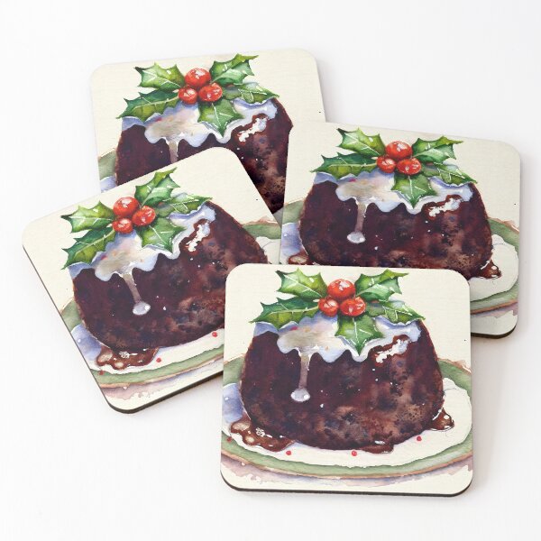 Artikelvorschau, Old Fashioned British Christmas Pudding mit Holly und Custard Aquarell Strichzeichnung entworfen und verkauft von CGSGraphics.
