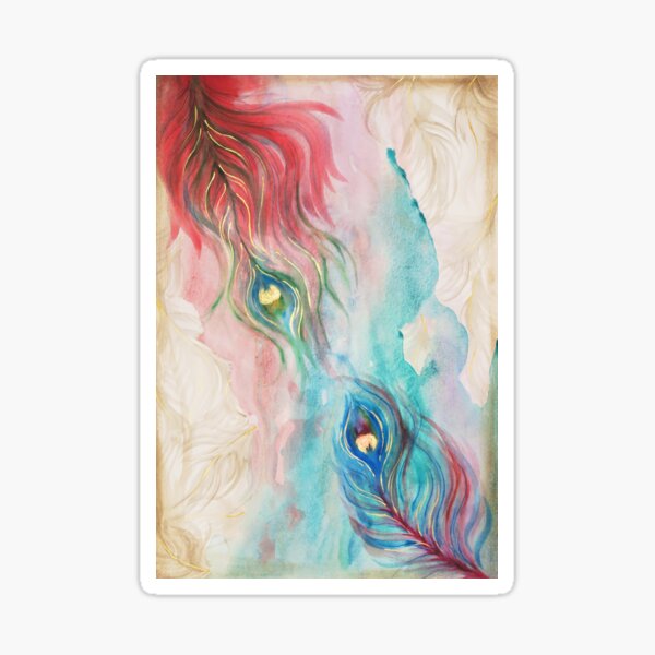 Scarlet and Viridian Watercolor Peacock Feathers Sticker