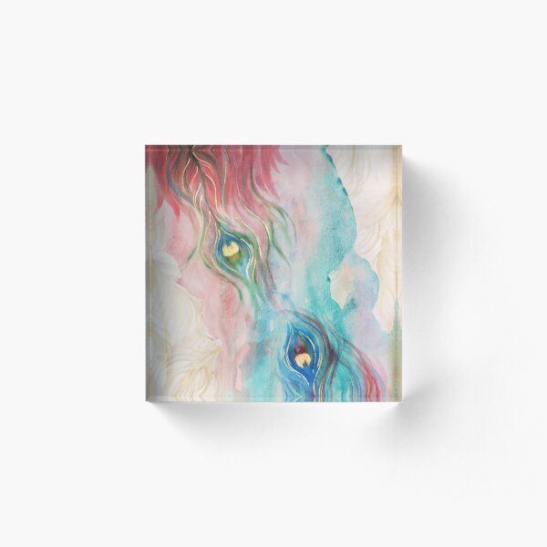 Scarlet and Viridian Watercolor Peacock Feathers Acrylic Block