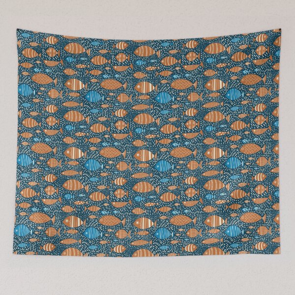 Aperçu de l'œuvre Poisson bleu et orange dans le motif de répétition de la mer créée et vendue par NattyDesigns.