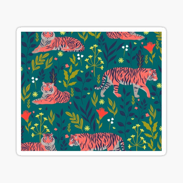 Vista previa del artículo con la obra «Patrón de tigres y pavos reales con plantas tropicales», diseñado y vendido por VirginiaCarro.