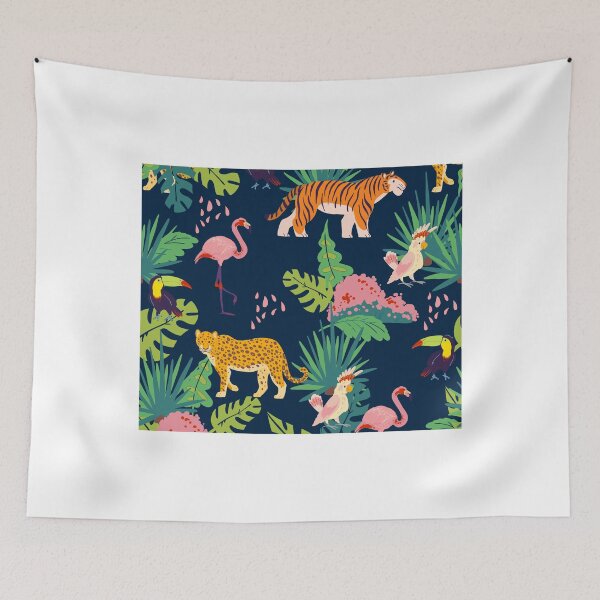 Item preview, Tigers and Flamingo tropical pattern jungle plants and elements animals birds designed and sold by VirginiaCarro.
