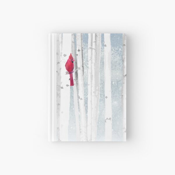 Watercolor Red Cardinal Bird Winter Birch Forest Hardcover Journal