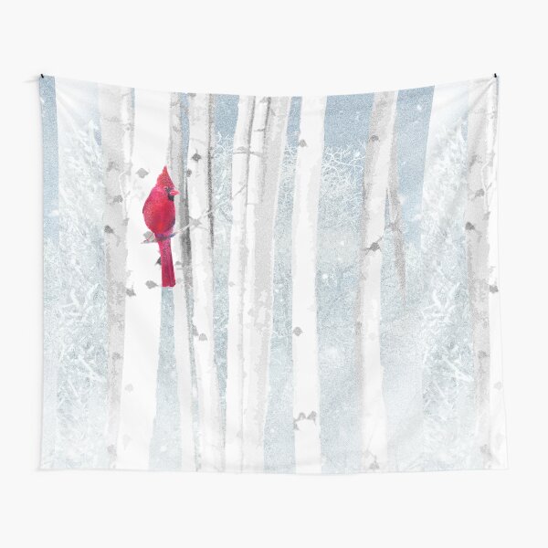 Watercolor Red Cardinal Bird Winter Birch Forest Tapestry