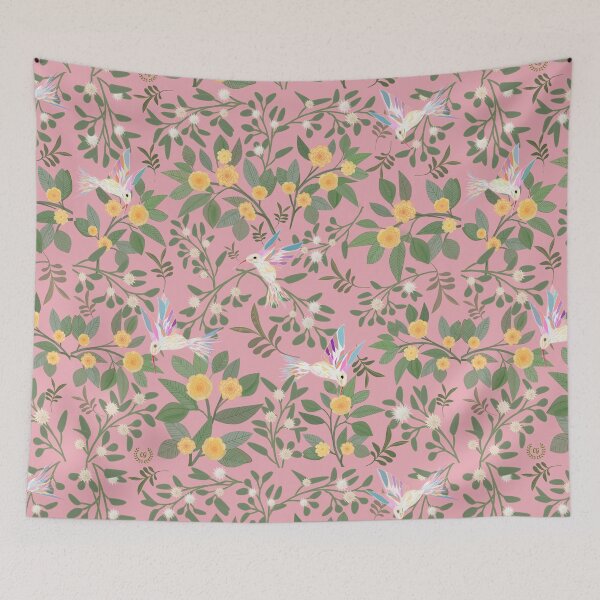 Item preview, Printed pattern of Hummingbirds among roses and yellow camellias designed and sold by Carmelagaminde.