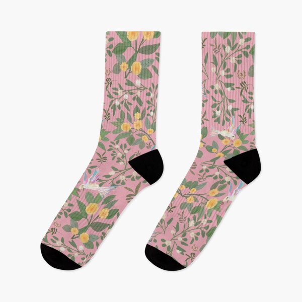 Item preview, Printed pattern of Hummingbirds among roses and yellow camellias designed and sold by Carmelagaminde.