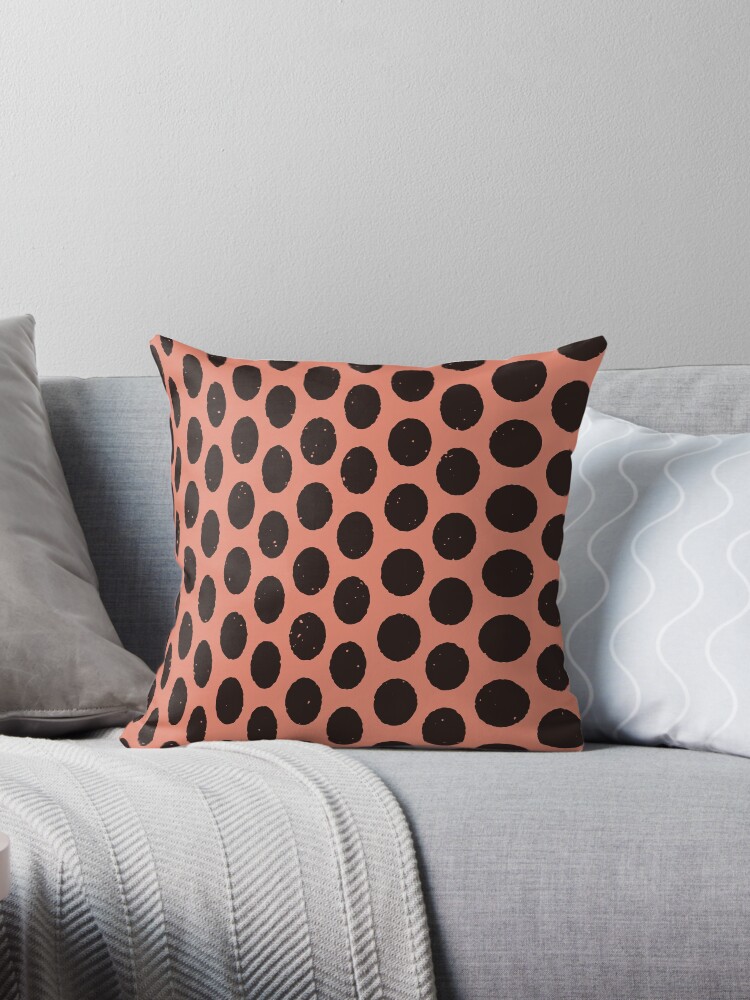 Thumbnail 1 of 3, Throw Pillow, MCM Dot Pattern peach black designed and sold by Alex-Strange.