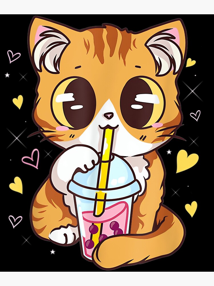 Kawaii Cat Boba Bubble Milk Tea Kawaii Anime Neko Kitten Poster