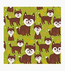pattern funny brown husky dog and leaves, Kawaii face with large eyes and pink cheeks, boy and girl on green background. Photographic Print