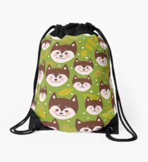 pattern funny brown husky dog and leaves, Kawaii face with large eyes and pink cheeks, boy and girl on green background Drawstring Bag