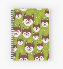 pattern funny brown husky dog and leaves, Kawaii face with large eyes and pink cheeks, boy and girl on green background Spiral Notebook
