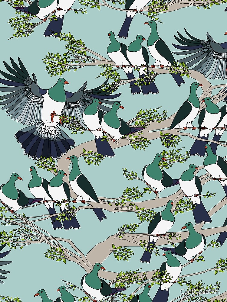 Kereru on turquoise sky - pale branches by CopperCatkin