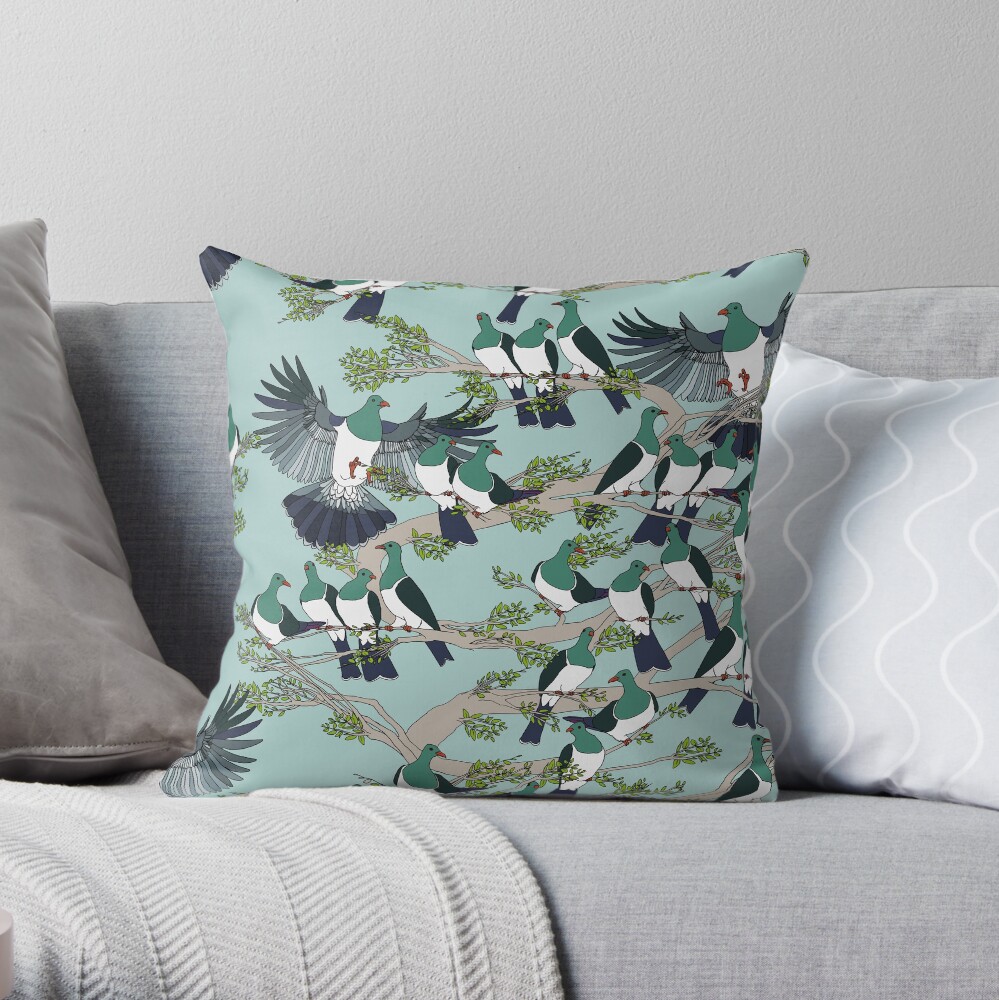 Kereru on turquoise sky - pale branches Throw Pillow