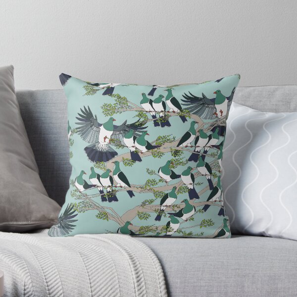Kereru on turquoise sky - pale branches Throw Pillow