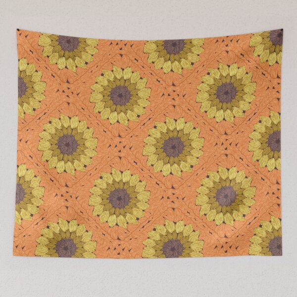 Item preview, Sunflower granny squares // orange background yellow and brown crochet flowers designed and sold by SelmaCardoso.