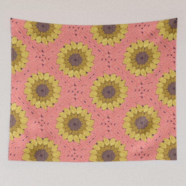Item preview, Sunflower granny squares // coral background yellow and brown crochet flowers designed and sold by SelmaCardoso.