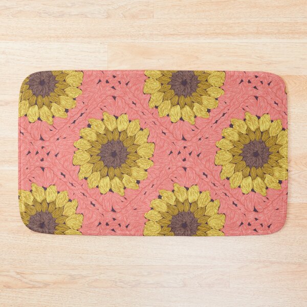 Item preview, Sunflower granny squares // coral background yellow and brown crochet flowers designed and sold by SelmaCardoso.