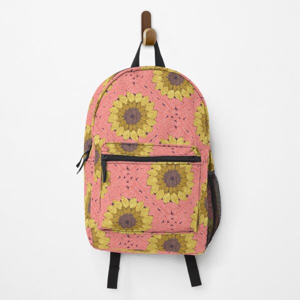 Item preview, Sunflower granny squares // coral background yellow and brown crochet flowers designed and sold by SelmaCardoso.