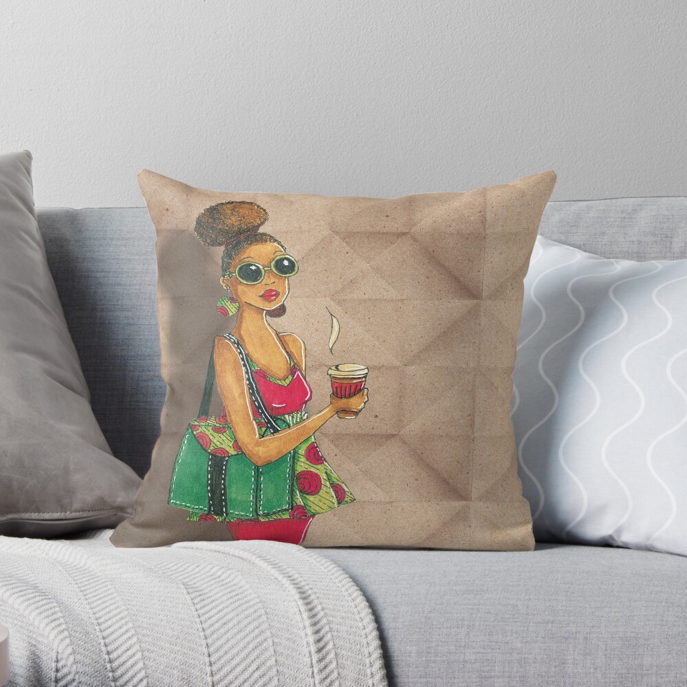 Modern African woman- Morning coffee Throw Pillow