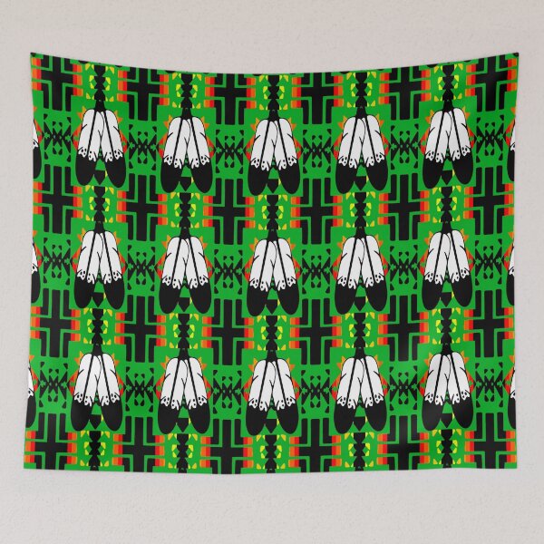 Item preview, Green / Fire Color / Black Double Feather Native Blanket Print designed and sold by JMWCD.