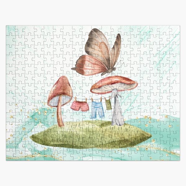 Watercolor Monarch Butterfly and Mushrooms Jigsaw Puzzle