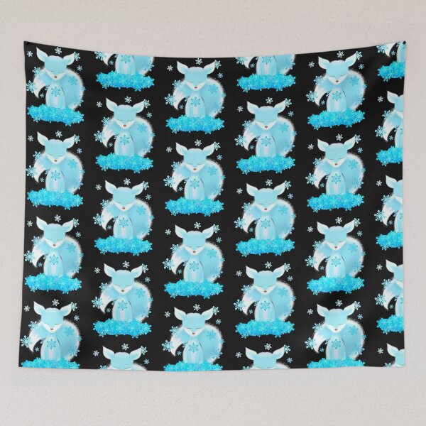 Item preview, Sweet Arctic Fox Drawing on snow with blue Snow Flakes designed and sold by cuteunicornshop.