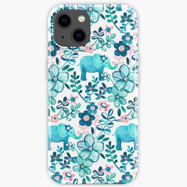 Dusty Pink, White and Teal Elephant and Floral Watercolor Pattern iPhone Soft Case