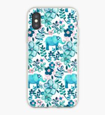 Dusty Pink, White and Teal Elephant and Floral Watercolor Pattern iPhone Case
