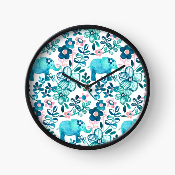Dusty Pink, White and Teal Elephant and Floral Watercolor Pattern Clock