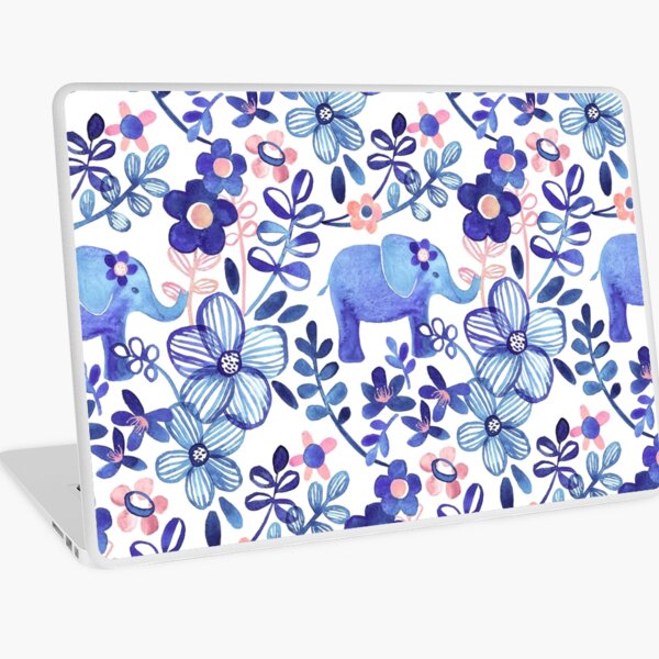 Pale Coral, White and Purple Elephant and Floral Watercolor Pattern Laptop Skin