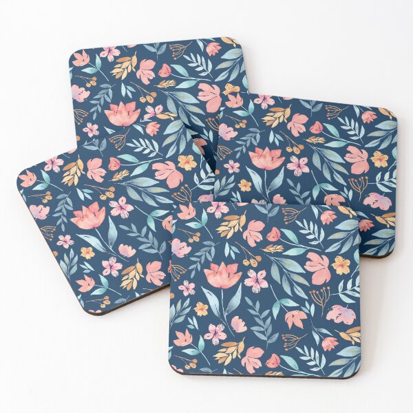 Item preview, Watercolor floral in pink, blue and mustard, pretty botanical designed and sold by Ashleigh Fish.