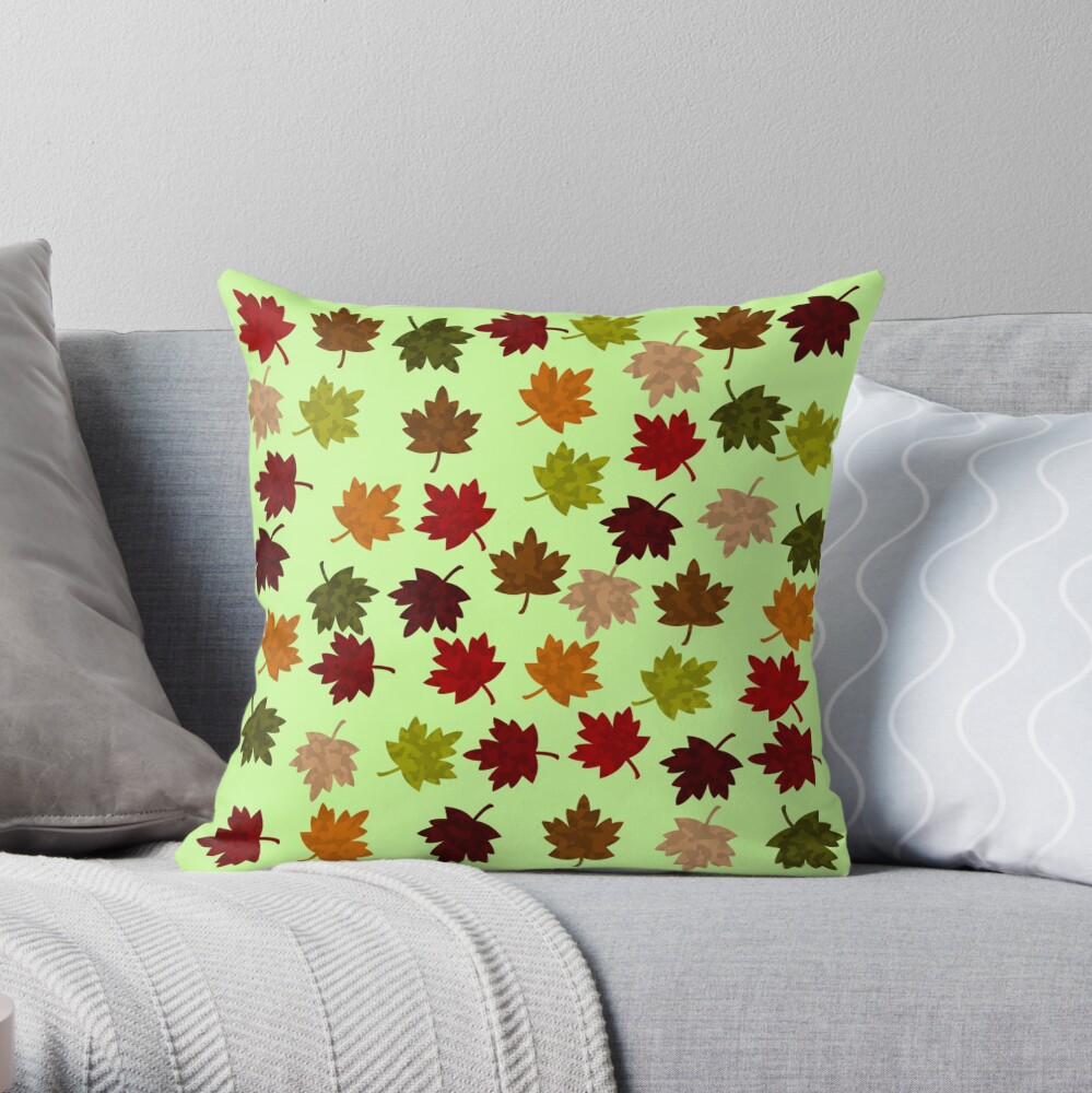 AUTUMN LEAVES ON LIGHT GREEN - FUN FALL MAPLE LEAF PATTERN Throw Pillow