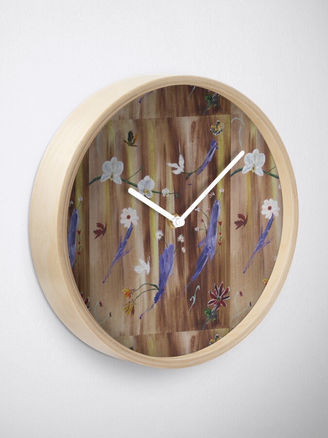 Alternate view of Flowers and butterflies on natural wood background Clock