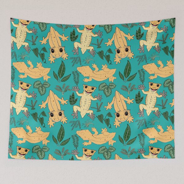 Item preview, Crested Gecko Frogbutt and tropical plant leaves pattern - lizards & leaves pattern - light sea green designed and sold by EcoElsa.