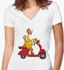 Humorous Rubber Chicken on Motor Scooter Women's Fitted V-Neck T-Shirt