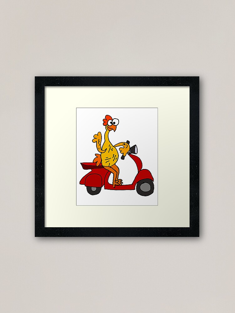 Impression Encadree Poulet En Caoutchouc Humoristique Sur Le Scooter De Moteur Par Naturesfancy Redbubble