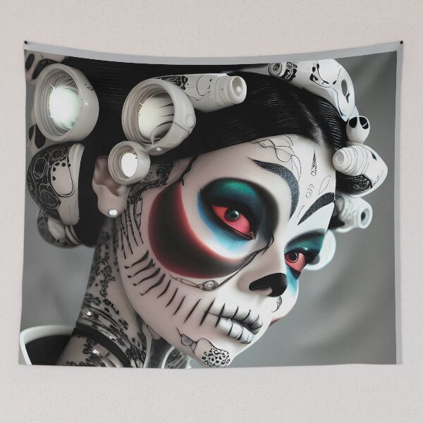 Item preview, La Catrina Cyborg with tattoos - modern cyberpunk digital art designed and sold by ai-mnesia.