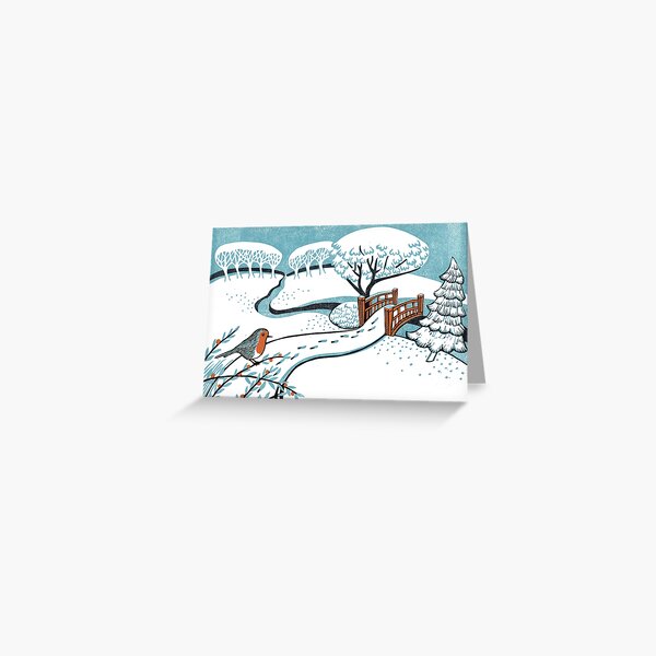 Snow, Bournemouth Gardens - linocut by Francesca Whetnall Greeting Card